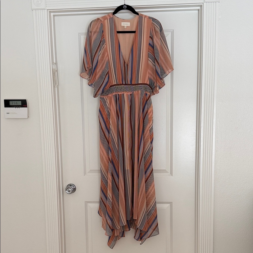 MELLODAY Peach, Blue & Cream Striped Asymmetrical Maxi Dress